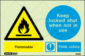 Flammable, Think safety, Keep locked shut when not in use