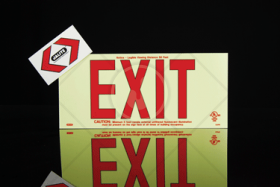 UL 924 Listed EXIT Sign with Red text and field applied directional indicators.